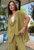 Sandbar Linen Blend Drape Front Cap Sleeve Gilet Deep Olive